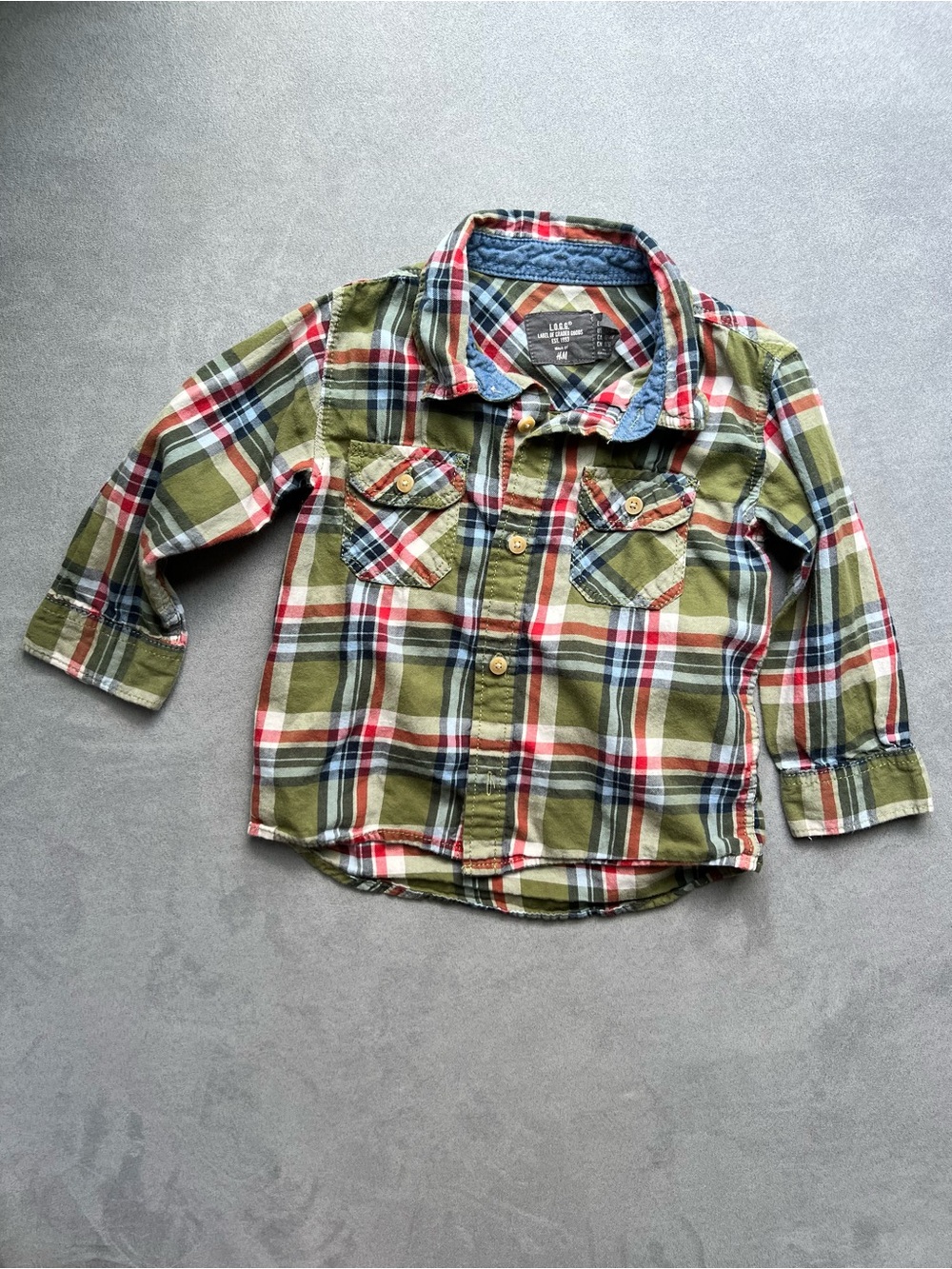 L.O.G.G Green Plaid Button-Down Shirt size 12-18 months 100% Cotton *so soft*
